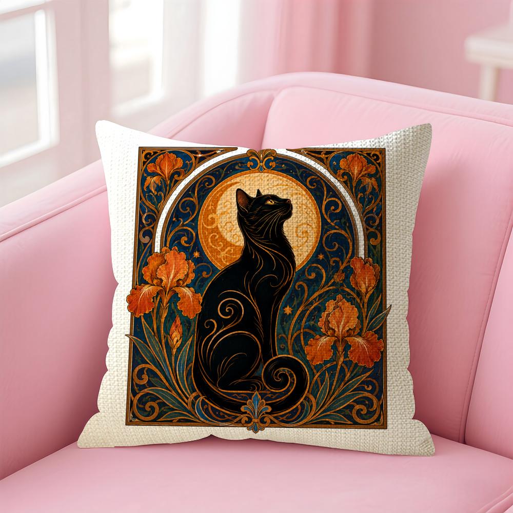 Retro Art Noble Black Cat Cushion Cover Linen Organic Fabric DoubleSided Printing Sofa Breathable Home Decor Gift Pillow Case