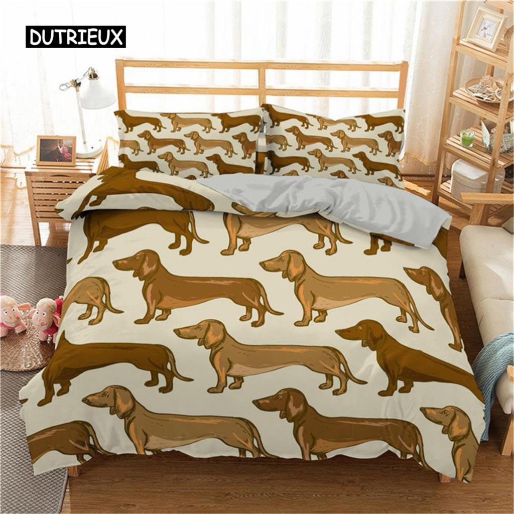 

Комплект постельного белья с изображением мультяшной таксы, милый пододеяльник с изображением собаки-сосисочки, комплект постельного белья с принтом щенка, чехол из полиэстера с изображением животных 155x215cm 3pcs