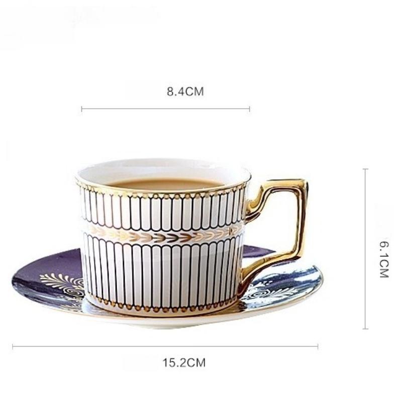 Sady kávových šálků a podšálků z jemného kostního porcelánu, 270 ml, krásně glazovaný šálek na čaj se zlatým lemem a uchem, keramické kávové šálky se zlatou lžičkou