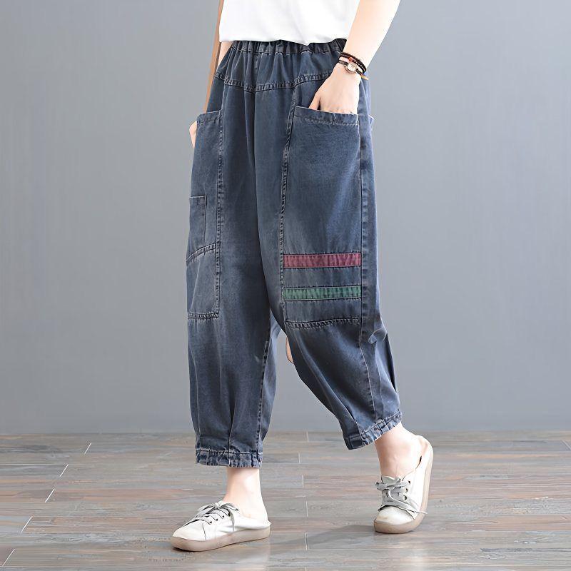 

2025 Spring Women s Elastic Waist Denim Harem Pants - Baggy, Loose, Slimming, High Waist, Plus Size. 3XL (160-180 jin)