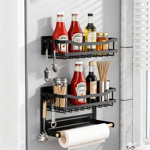 Vinnatsu Kitchen Storage Magnet, Refrigerator Side Rack, Spice Rack, Kitchen Storage with Magnetic Paper Holder (Includes 4 Movable Hooks)