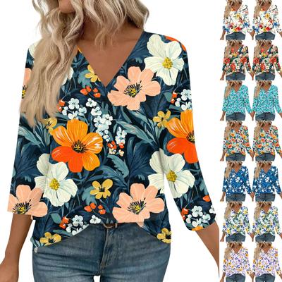 3/4 Length Sleeve Womens Tops V Neck Casual Tunic Tops Basic Shirts Loose Fit Blouse