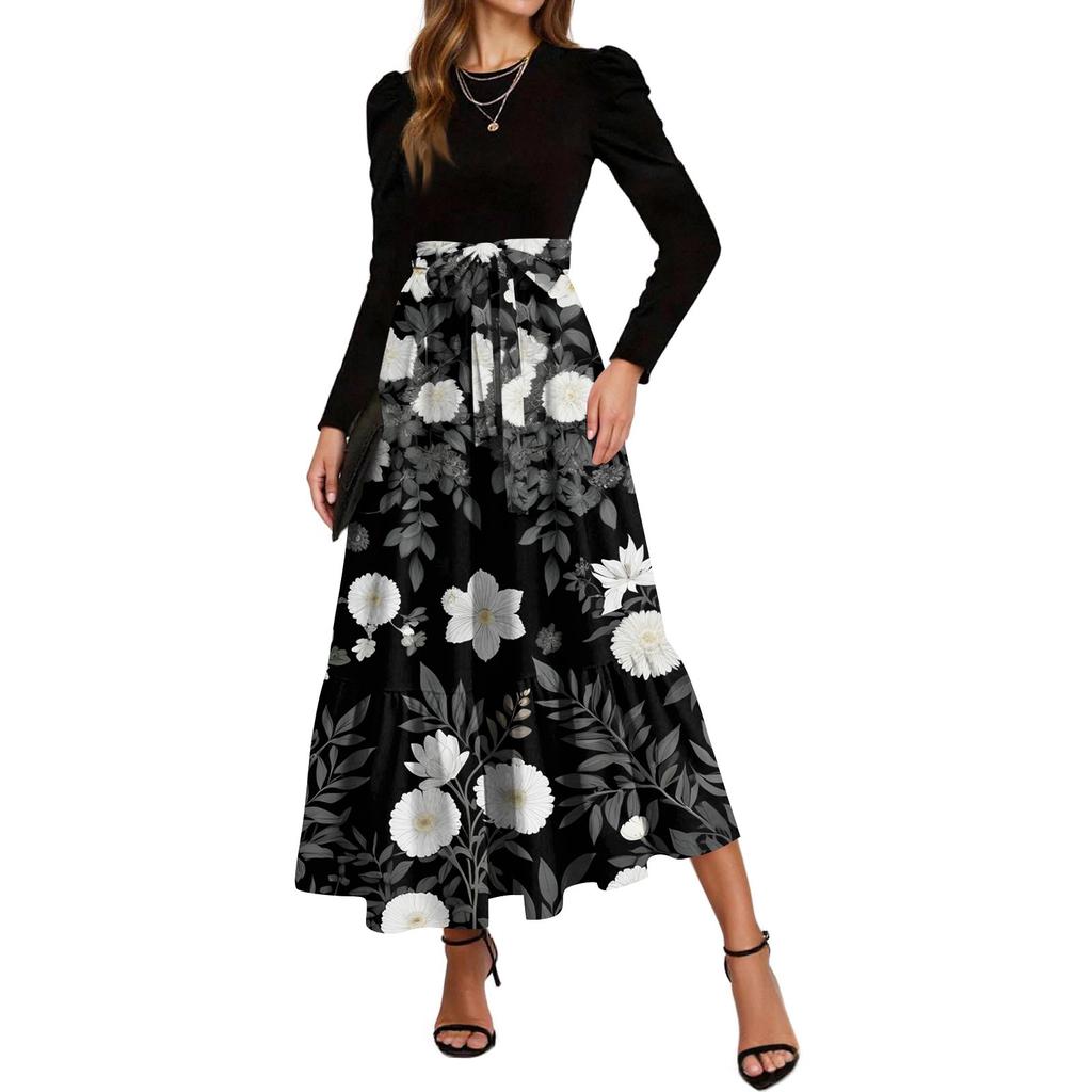 Rochii de damă la modă, casual, cu centură, cu mânecă lungă, cu gât rotund, cu imprimeu floral, elegante, cu temperament