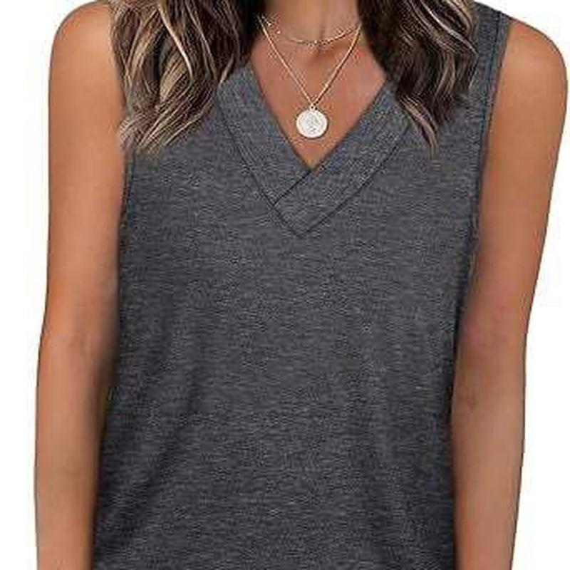 Summer European Style Women V-Neck Casual Loose Fit Solid Color Tank Sleeveless