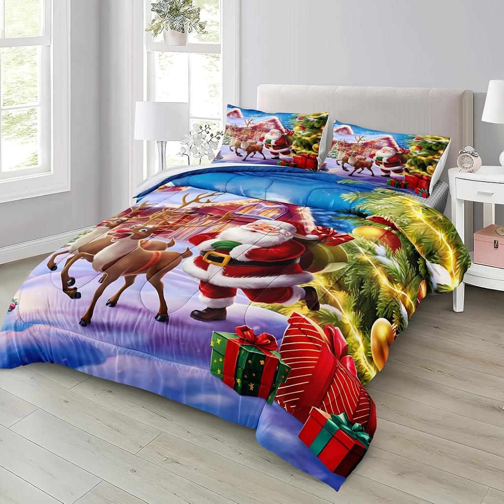 Christmas Bedding Set Queen King Size Christmas Comforter Set Santa Claus Bedding Deer Christmas Tree Printed Xmas Room Decor