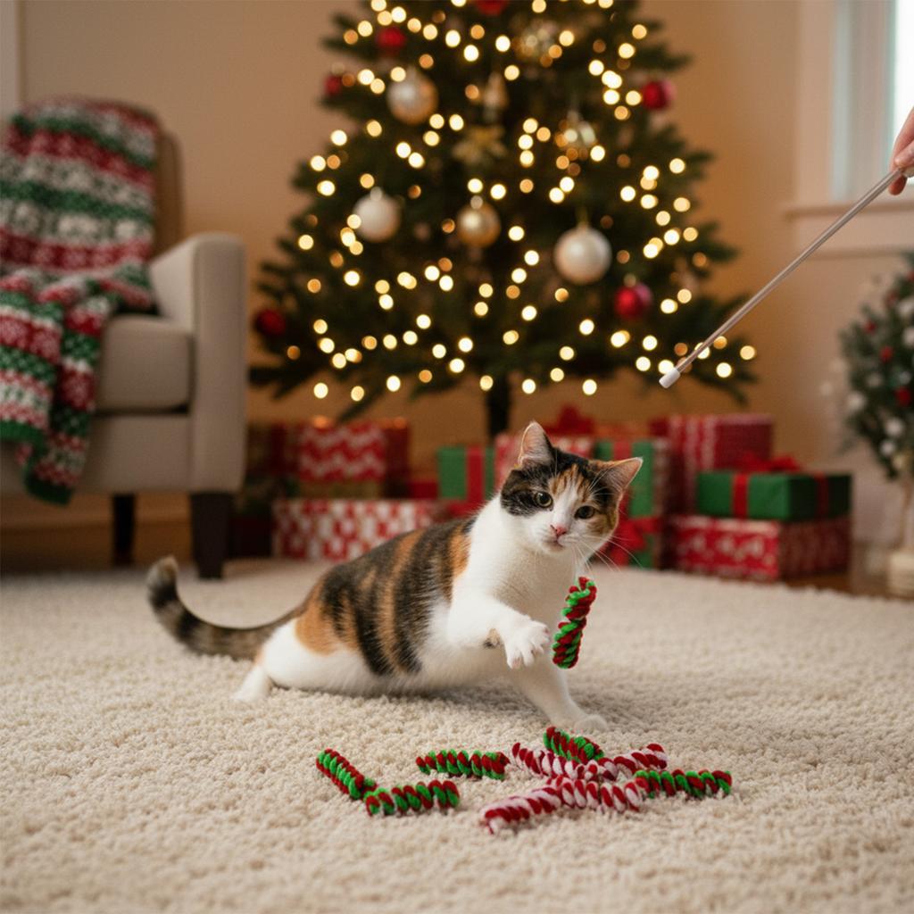 10Pcs Christmas Cat Toys For Pets Fluffy Spring Teaser Wand Interactive Boredom Relief Gift Cats Play Holiday Gift For Pets
