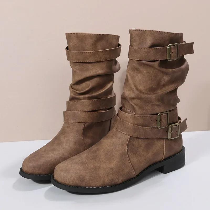 Large Mid Length Retro Boots for Women, 2024 Autumn and Winter New Item, Solid Color Fashion Boots, Buckle Casual Knight Boots