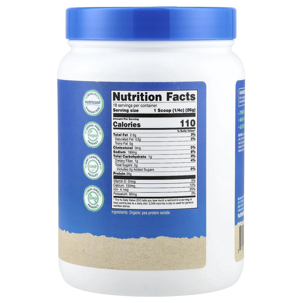 Nutricost, Organic Pea Protein, Unflavored, 454g (1lb)