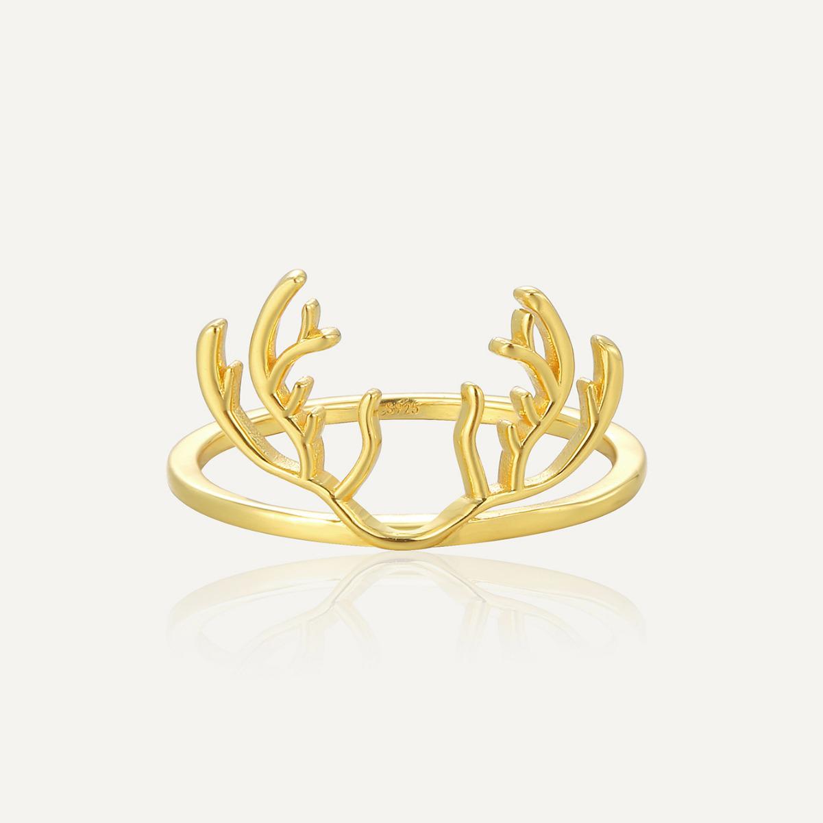 

SR0010 Christmas Sterling Silver Antler Ring, Women s Niche Design, Ins Style Jewelry in Gold Size 9 золотий
