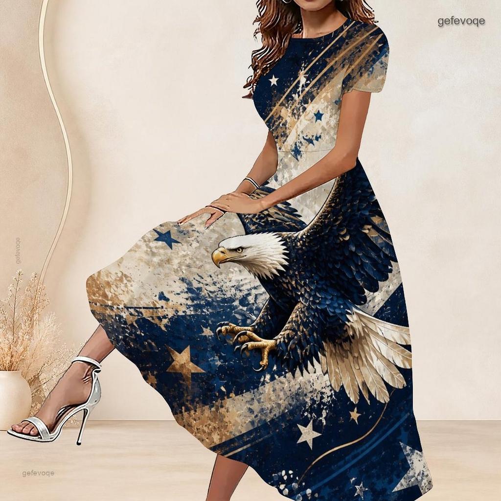 Women Plus Size Round Neck Short Sleeve Printed Color Block A Line Long Dress