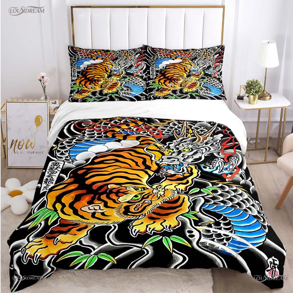 Fashion Dragon and Tiger Battle All Season Duvet Cover Bedding Sets Soft Quilt Cover and Pillowcases Single/Double/Queen/King