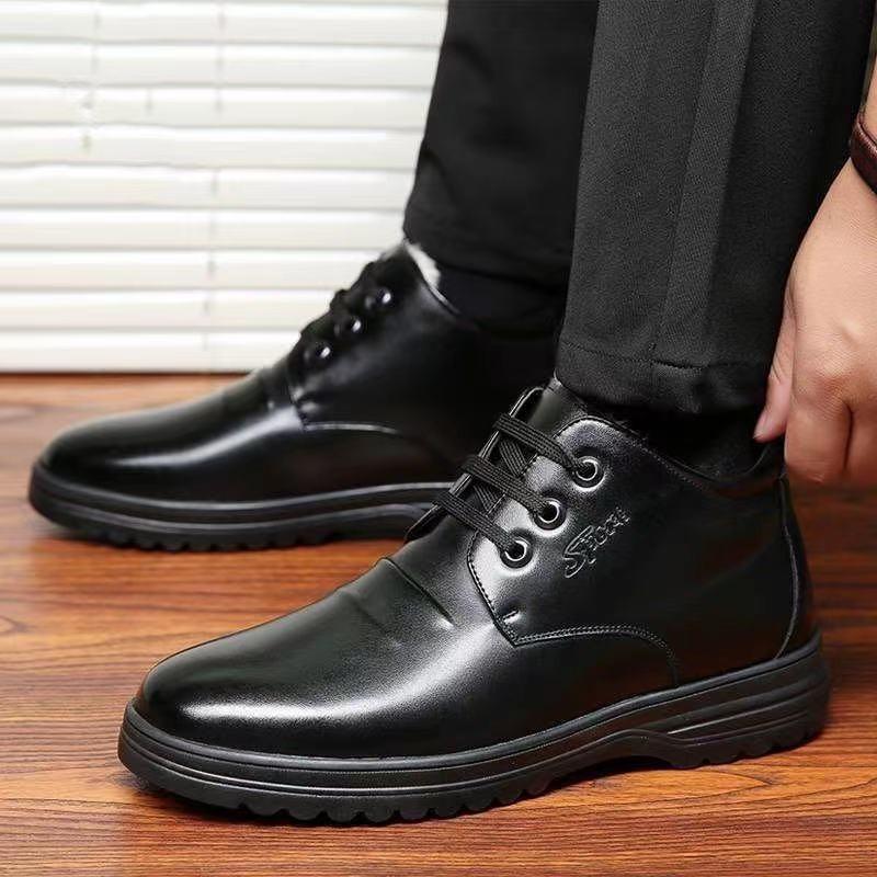 Winter Velvet Thickened Men's Cotton Leather Shoes Thick-soled Non-slip Men's Casual High-top Warm Cotton Shoes Medium and Old Shoes
