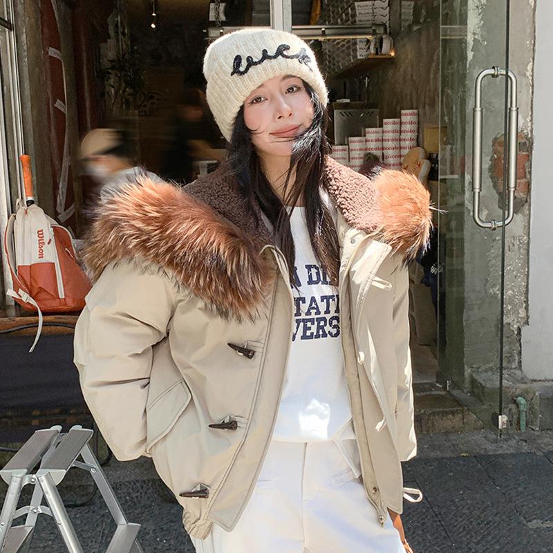 Winter raccoon fur collar down cotton-padded jacket for women's winter thickened warm horn buckle hooded cotton-padded jacket tide