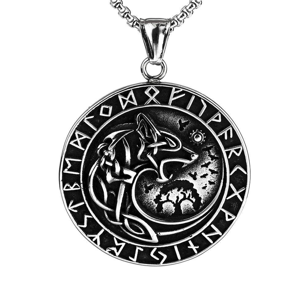 Vintage Stainless Steel Men's Pendant Viking Wolf Head Compass Rune Necklace