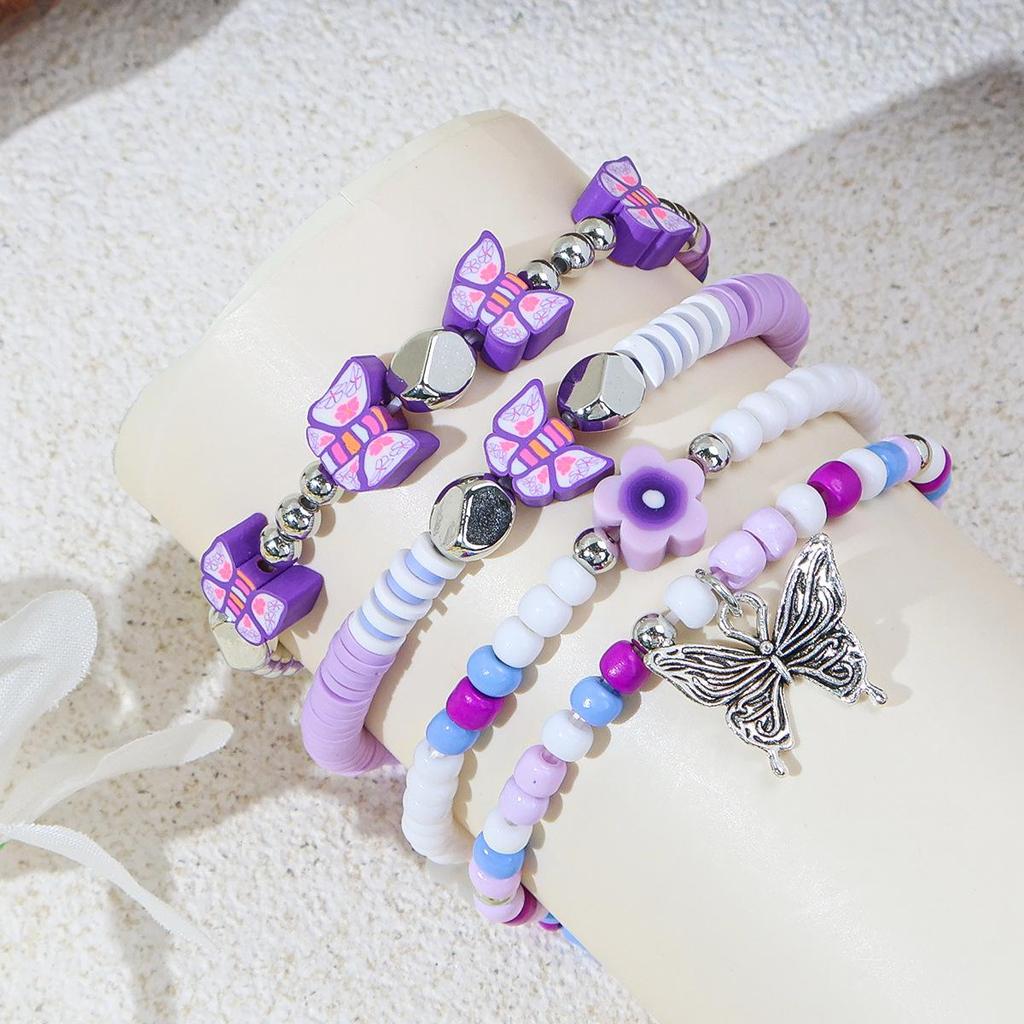 Purple Butterfly Flower Beaded Bracelet - Women's Bohemian Multi-layer Stackable Hand Jewelry.