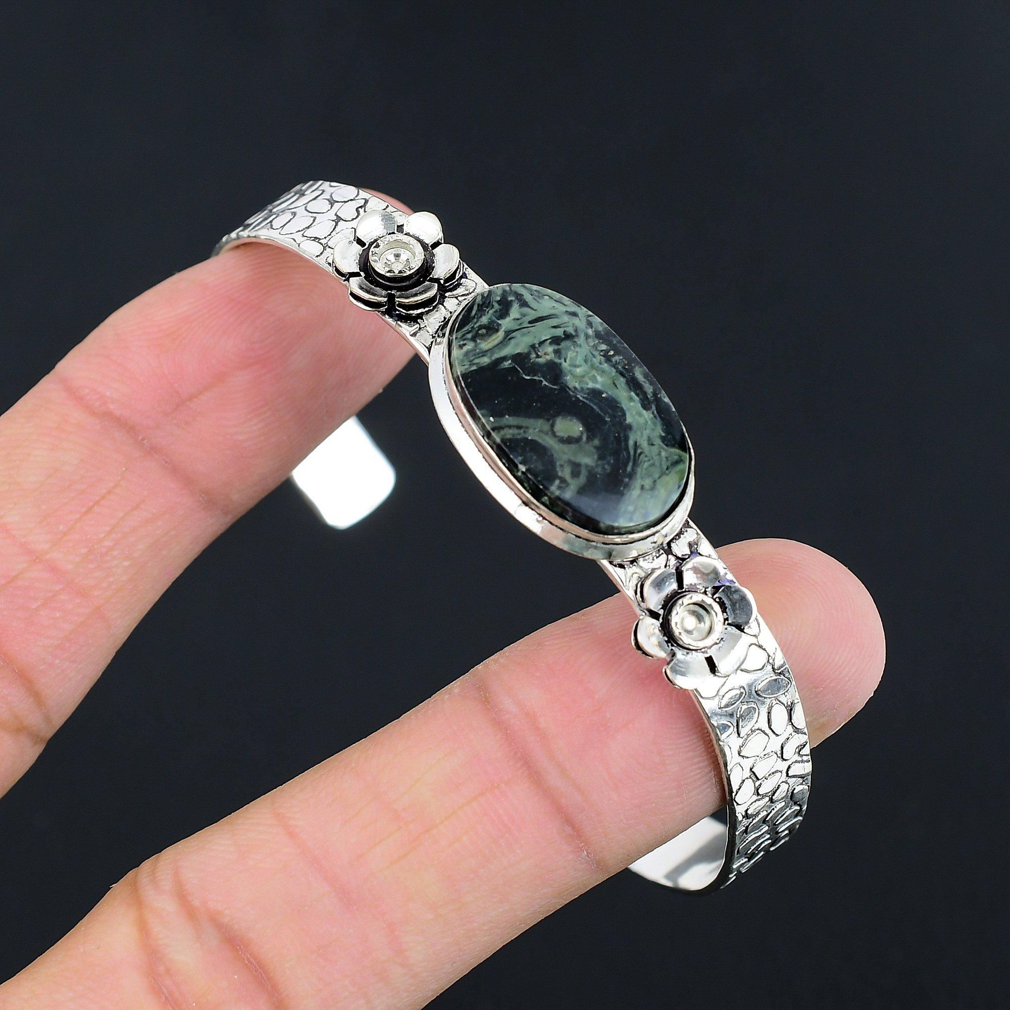 

Halloween Sale 925 Silver Oval Kambaba Jasper Stone Ethnic Wife Flower Bangle Adjustable