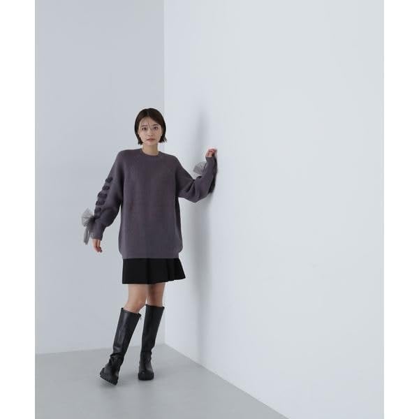 Natural Beauty Basic Ribbon Sleeve Knit Charcoal Women's Lace-Up Sweater,