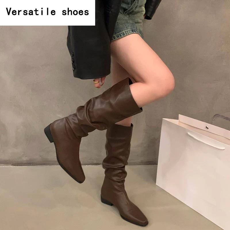 Slim Women Knee High Boots Fashion Slip On Pleated Long Booties Square Heels Autumn Winter Shoes