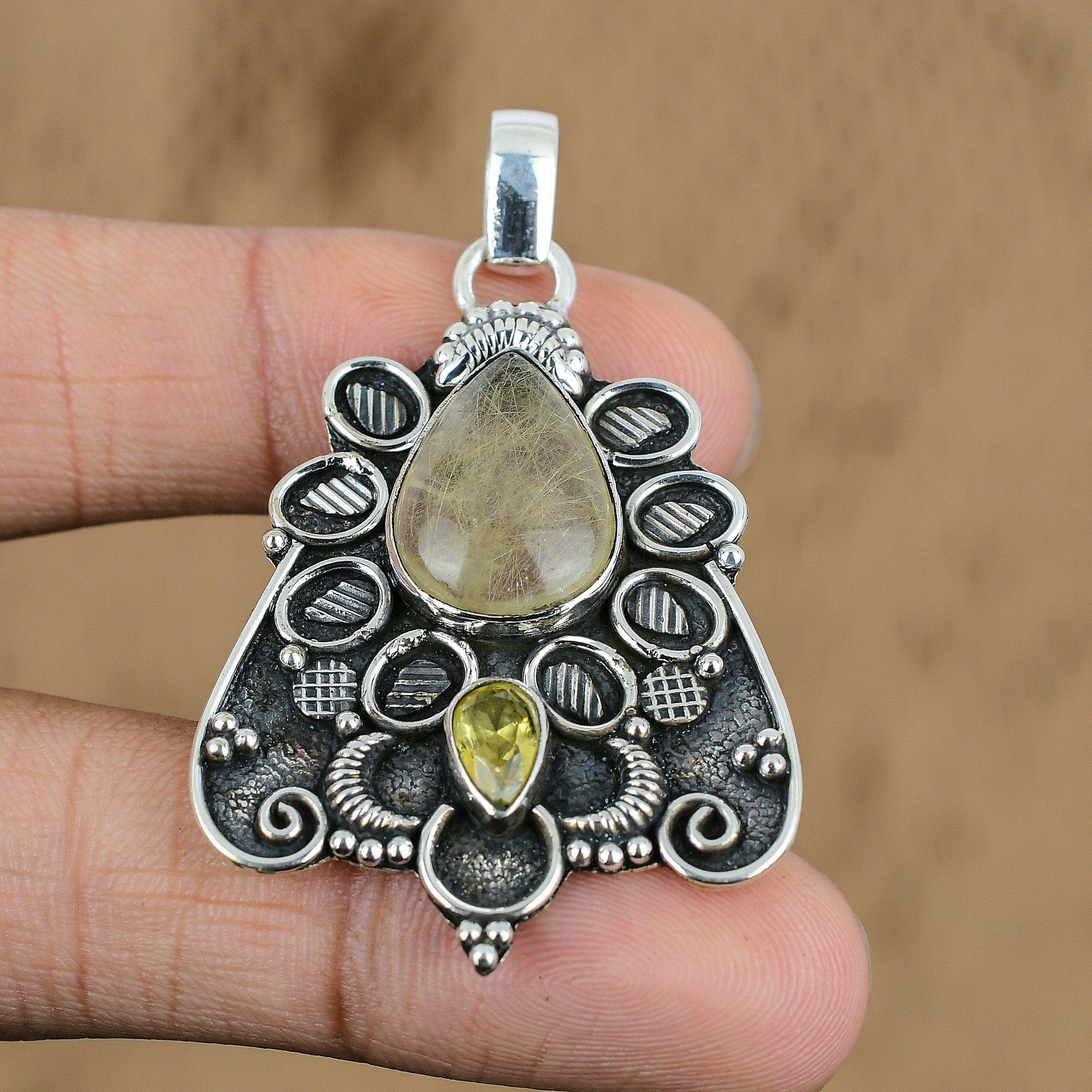 

Anniversary Gift For Her Natural Golden Rutile Gemstone Pendant 925 Silver