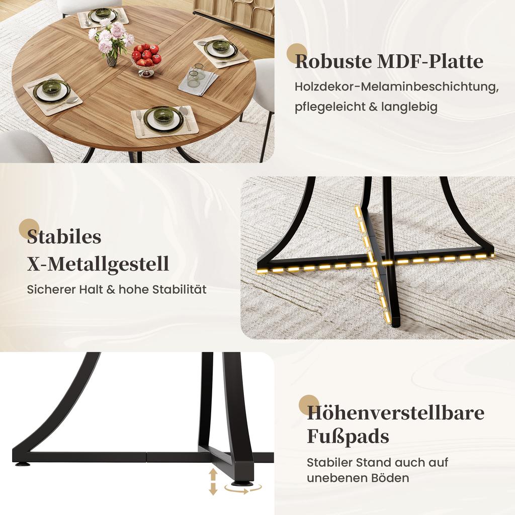 Apvalus valgomojo stalas 100 cm 4-6 žmonėms, MDF stalviršis riešuto išvaizdos, juodas metalinis rėmas su X formos dizainu, lentynos paviršius, valgomajam ir svetainei