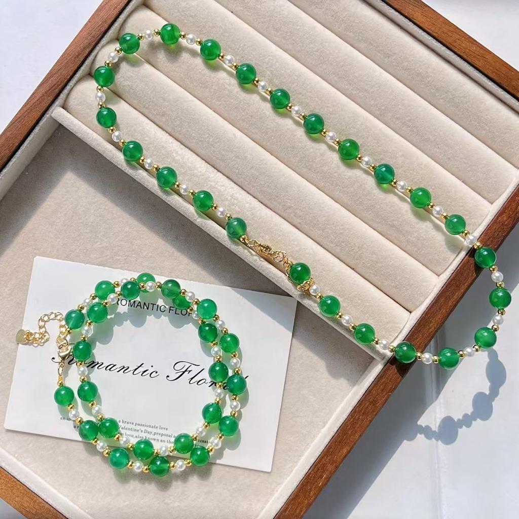 High Quality Vitreous Emperor Green Chalcedony Artificial Crystal Pearl Clavicle Chain Necklace