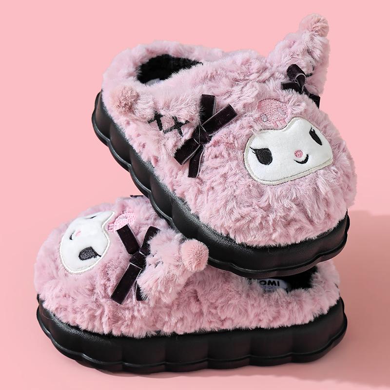 Sanrio Winter Furry Cotton Slippers for Girls – Warm Indoor Cartoon Shoes with Thick Soles, available in Parent-Child Sizes.