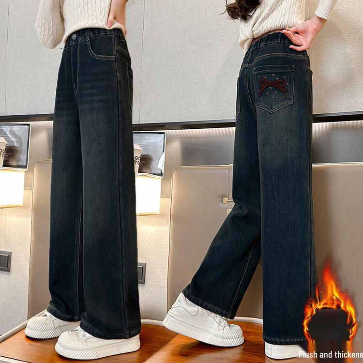 Girls' Plush Velvet Wide-Leg Jeans - Autumn/Winter 2025 Collection