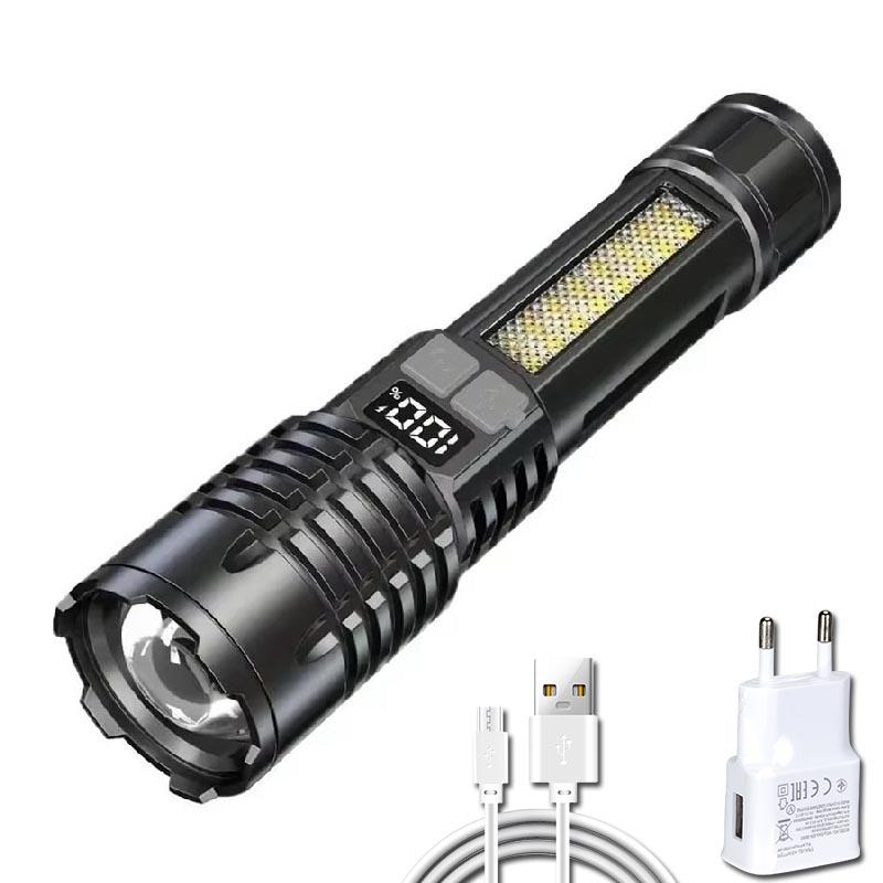 High Power LED Flashlights with Display Screen Portable Rechargeable Zoom Tactical Torch Lamp with Emergency Side Lights Lantern
