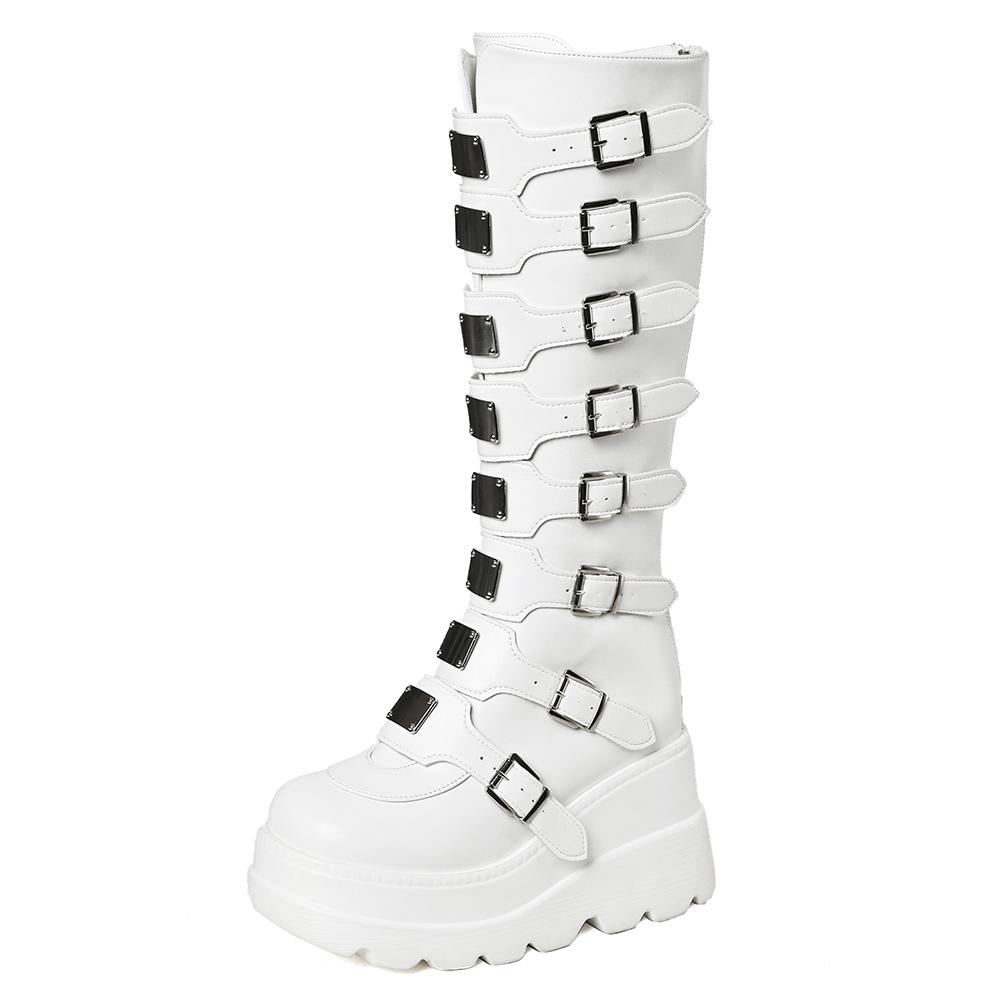 

GIGIFOX Готические металлические ботинки-комбаты до середины икры для женщин, круглый носок, платформа, массивные высокие танкетки, крутые модные мотоциклетные ботинки 43