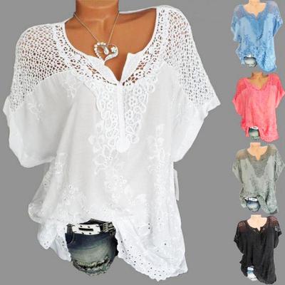 Large Size Loose Short Sleeve Lace Women Blouses Cotton Blouses Summer V-neck White Shirt Tops Sexy Fashion Women Shirt