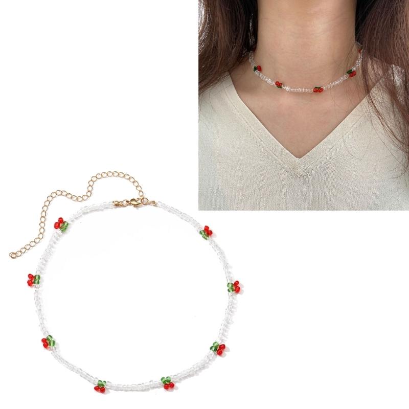 Korean Fashion Kpop Cherry Choker Transparent Beads Women Necklace For Female Pendant Necklaces Party Jewelry Gift