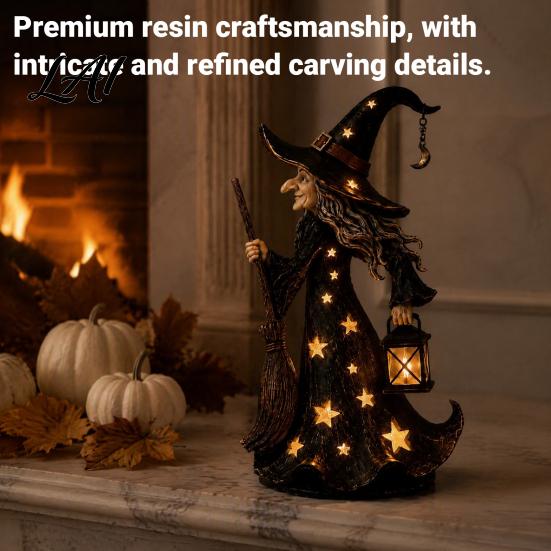 Luce Notturna Decorativa Lampada Strega di Halloween Statuetta Up con Scopa e Lanterna Resina Gotica Decorazione da Tavolo Spettrale per Tavolo da Interno Casa Vintage