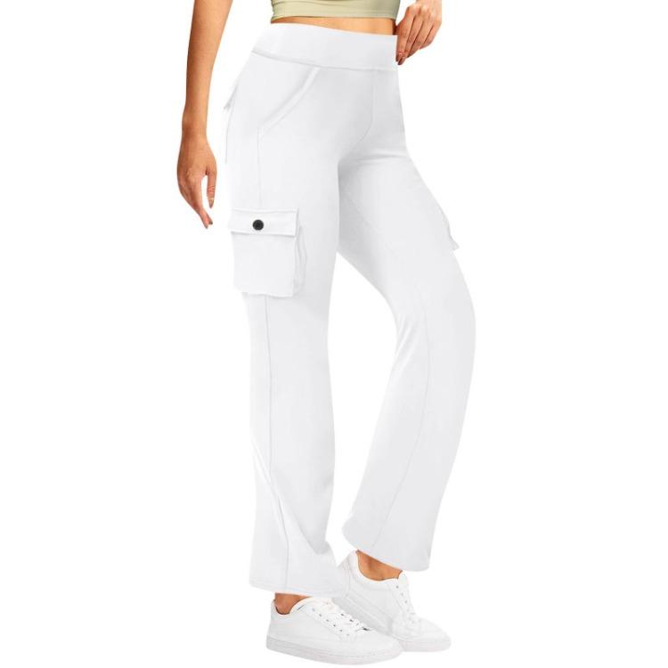 Solid Color Pants with Space Side Pockets Stretch Waist Button Women Fashion Multi Pocket Design S белый