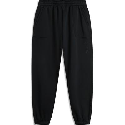 Li Ning Sports Lifestyle Series Solid Color Loose Mid Waist Drawstring Warm Fleece Cuffed Knitted Sweatpants Men Bottoms Black AKLU631-2