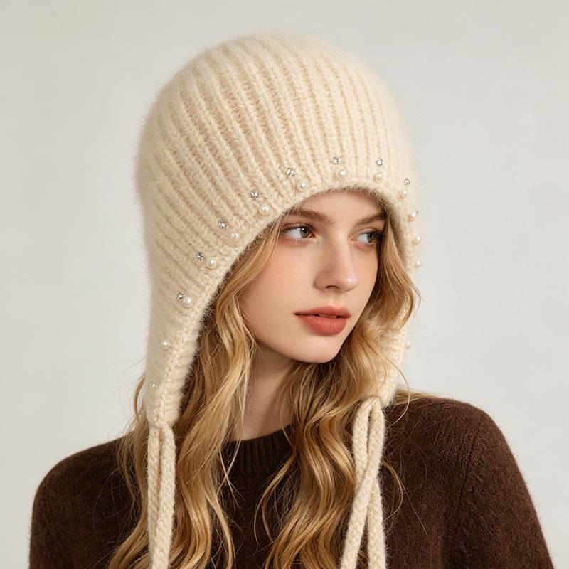 Autumn and winter new women's rabbit fur hat pearl hemming thickened knitted hat cold neck protection women's hat