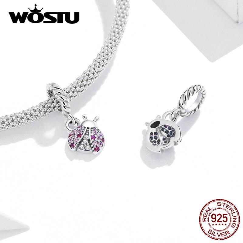 WOSTU 925 Sterling Silver Ladybug Series Charm Zircon Enamel Bead Silver 925 Pendant Fit Original Bracelet Insect Jewelry