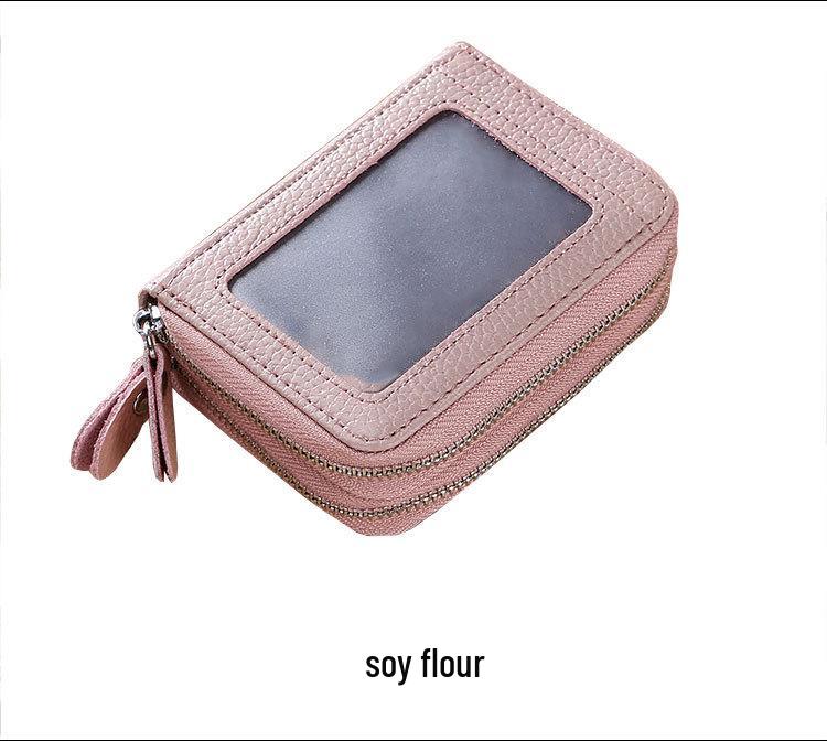 RFID Cowhide Leather Card Holder & Coin Purse with Double Zipper