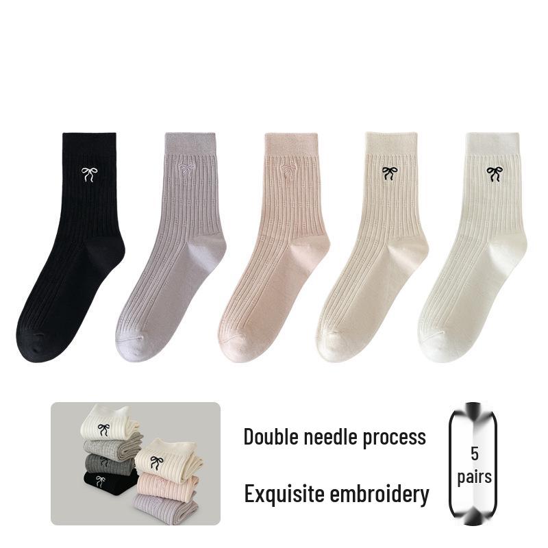 Girls' Mid-Calf Seamless Cotton Socks with Butterfly Embroidery - Wear-Resistant, Anti-Pilling, for Spring and Autumn