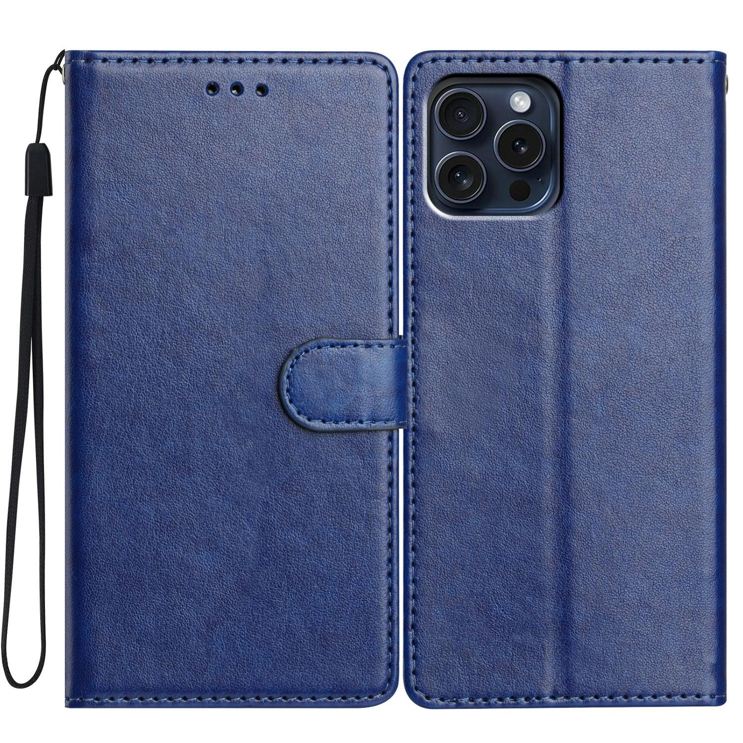 

For iPhone 16 Pro Leather Phone Case Wallet Stand Cover with Handy Strap Blue