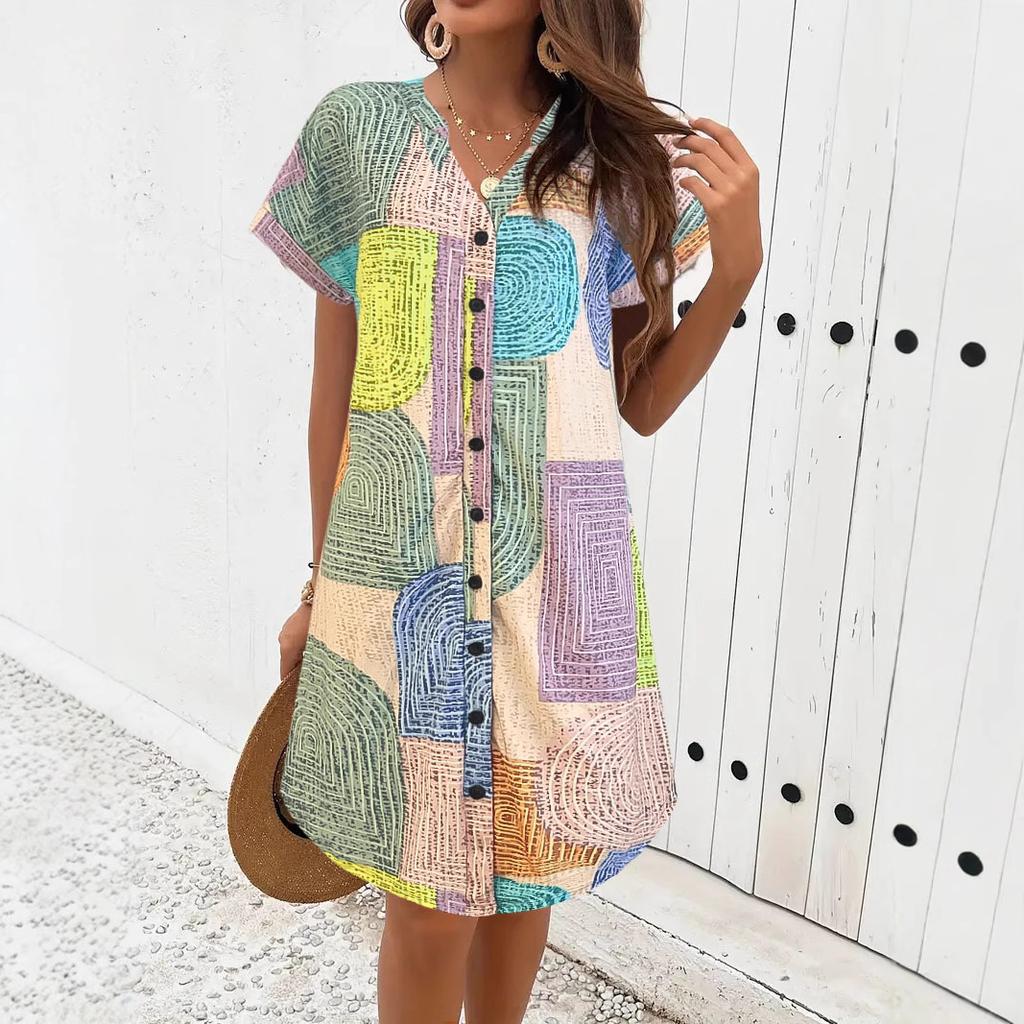 Modisches, locker geschnittenes Kleid mit geometrischem Muster, V-Ausschnitt und Knopfleiste – ein lässiges Damenkleid