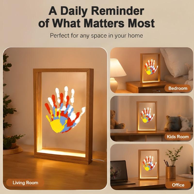 Shared Family Print Art Display with 4 Clear Inserts, Warm Light and USB Cord for Indoor Handprint Display Use Y5GB