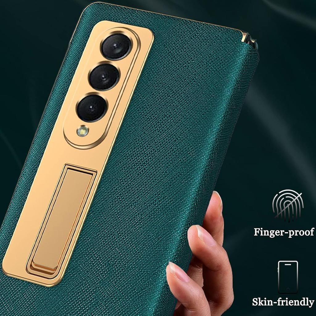 NINKI Luxury Gold Leather Hybrid Plating PC Case for Samsung Galaxy Z Fold3 5G, Shock Proof Protector Case with Stand, Compatible for Galaxy Z Fold3