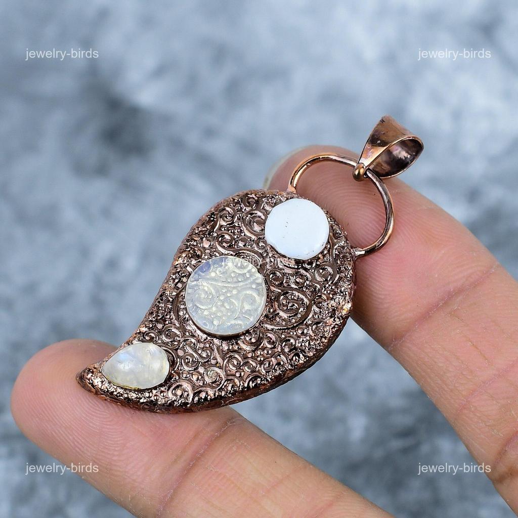 Round Natural Moonstone Copper Unique Electroformed Engagement Pendant Jewelry VP-38