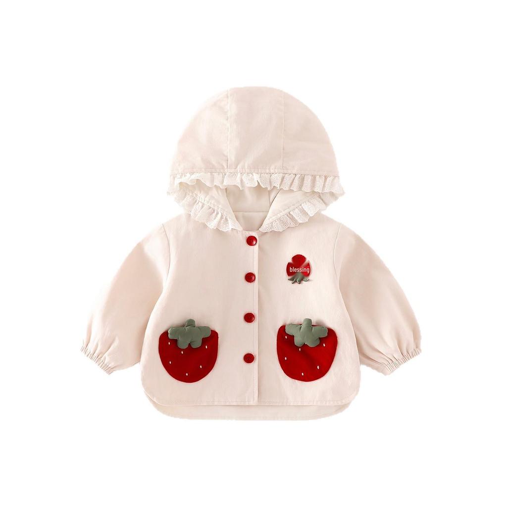 Girls' Super Cute Strawberry Hooded Jacket - Autumn 2025 Lace Cartoon Top