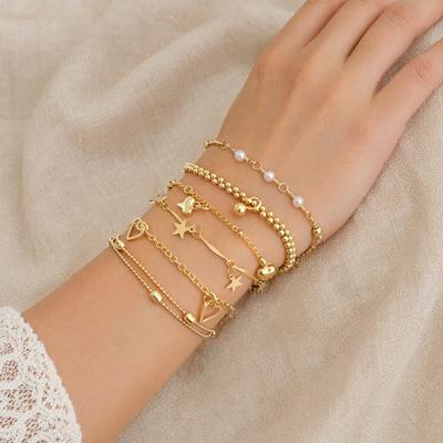 Bracciale a 6 Strati, Catena di Estensione Regolabile, Bracciale Multistrato Resistente all'Usura Placcato in Lega, Bracciale in Stile Coreano per Donna