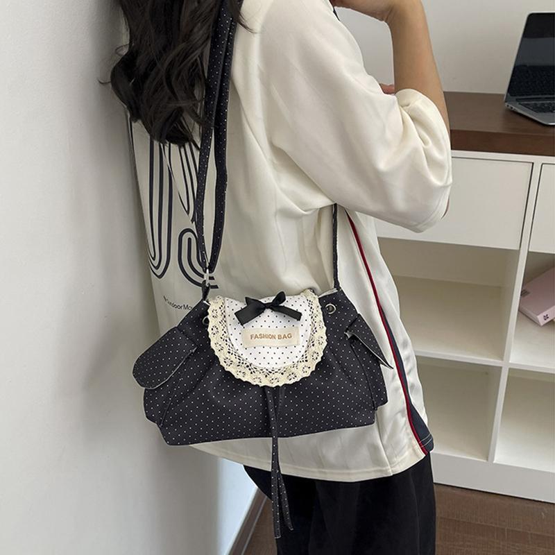 Yogodlns Lace Polka Dot Shoulder Bag Cute Drawstring Flap Crossbody Handbag Sweet Vintage Messenger Purse Daily Casual