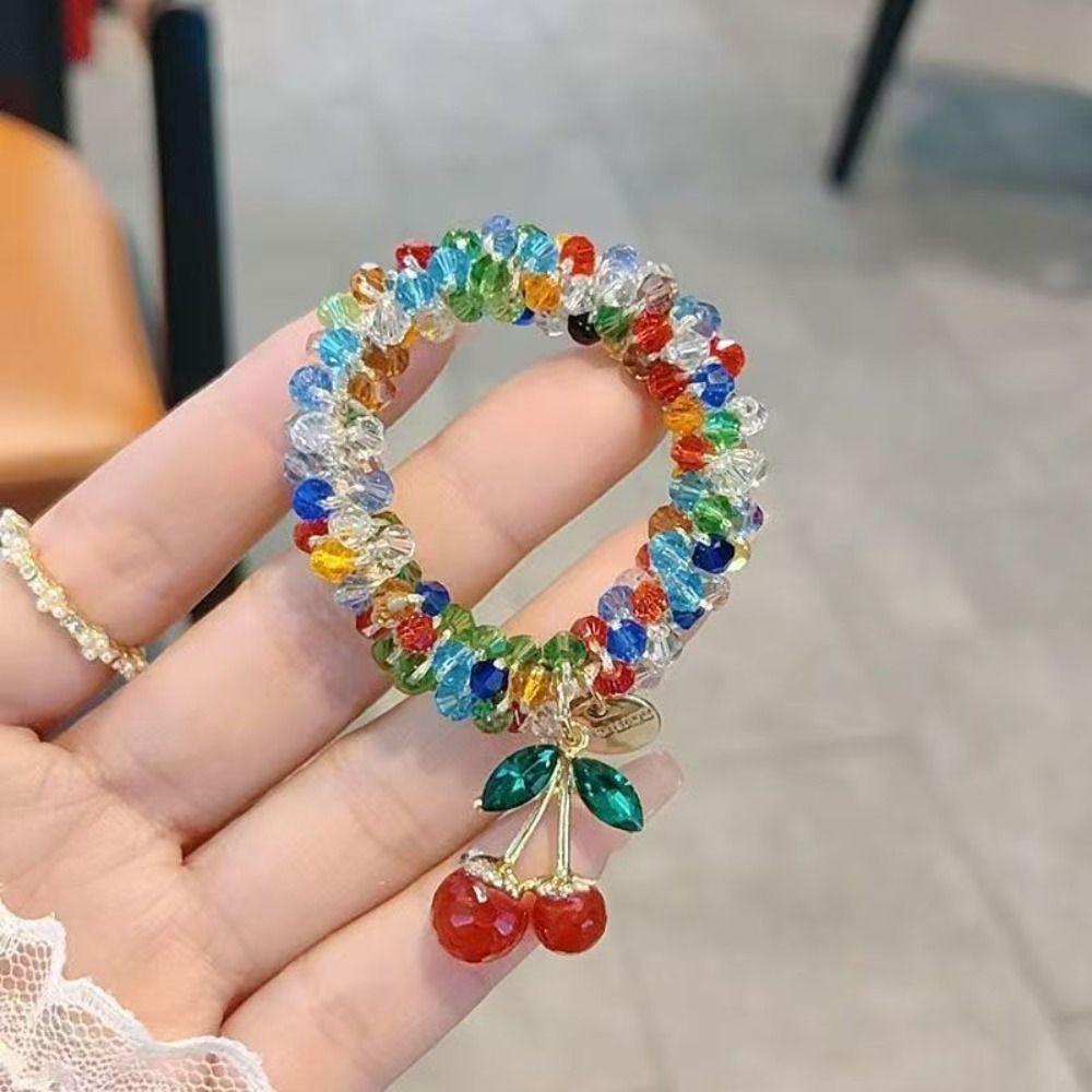 Cherry Cherry Bracelet Rhinestone Ponytail Holder Chic Hair Ties Decorative  Women and Girls