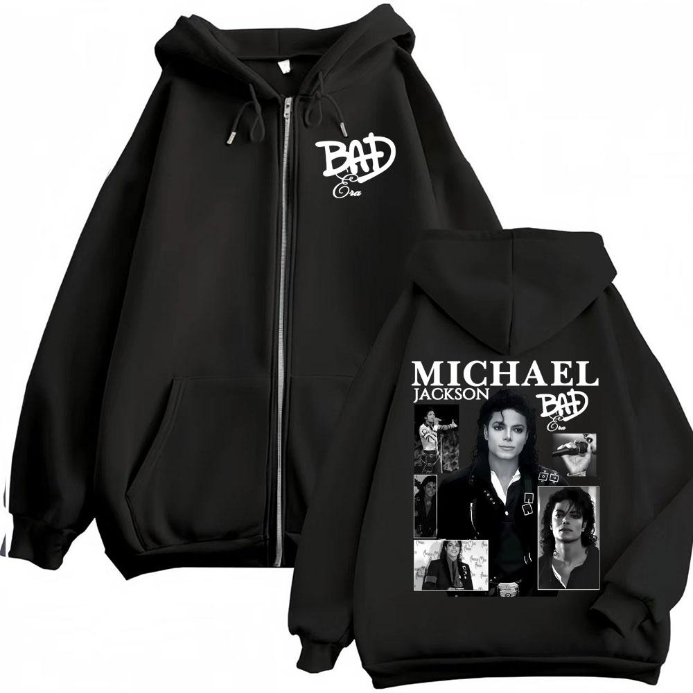 Re del Pop Michajackson Era Bad Felpa con Cappuccio e Zip Uomo Donna Harajuku Streetwear Giacca Felpa Pile Casual Zip-Up Pullover