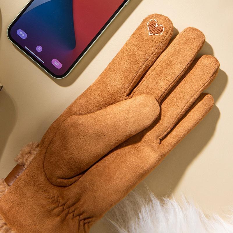 Plush Cuff Metal Buckle Suede Gloves Solid Color Thickened Warm Gloves Women's Stylish Versatile Cold-proof Gloves