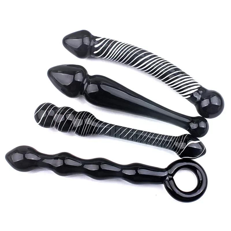 Black Crystal Glass Toys Dildo Anal Plug Gay Sex Toys Double Anal Beads For Men/Women Vaginal Anal Dilation Butt Plug